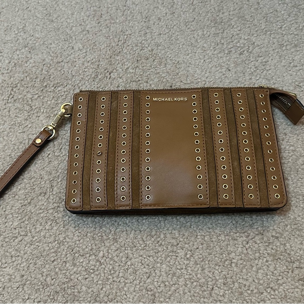 Michael Kors Tan Leather Eyelet Wristlet with Gold Hardware